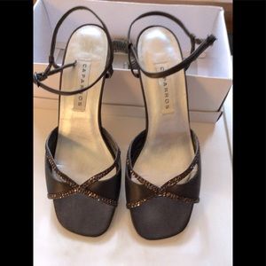 Dressy satin and bugle bead, ankle strap heels.